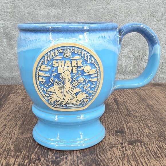 Bones Coffee Company Shark Bite Mug Blue Handmade USA Deneen Pottery 2021 Rare - Picture 11 of 11